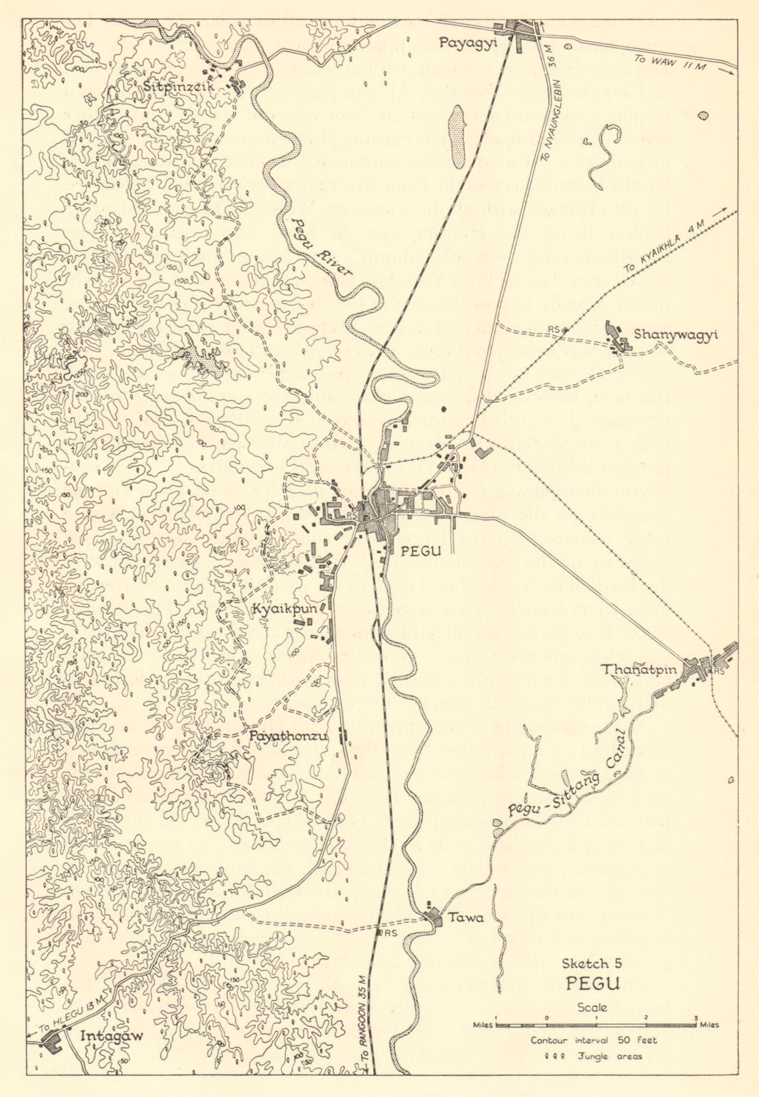 Pegu 1942. Japanese conquest of Burma. Bago Myanmar. World War 2 1961 old map
